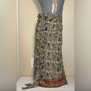women’s wrap skirt large 34 paisley Silk maxi tie cream brown adjustable sarong